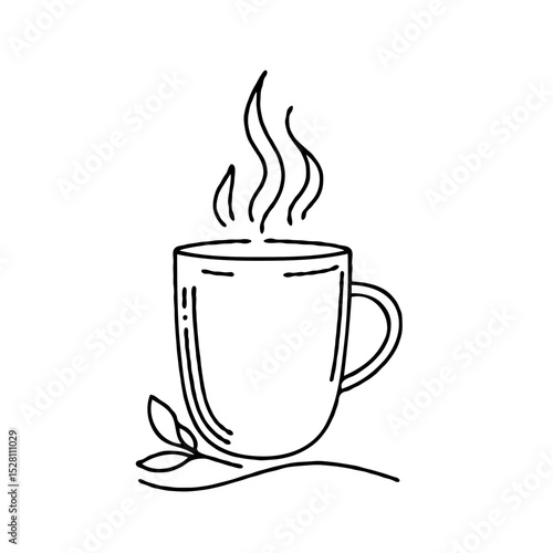 Simple line drawing of a steaming cup of coffee with leaves  