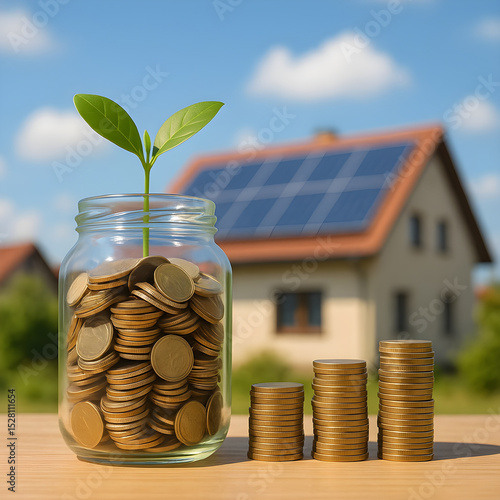 Investing in the Future Coins Growing into a House with Solar Panels