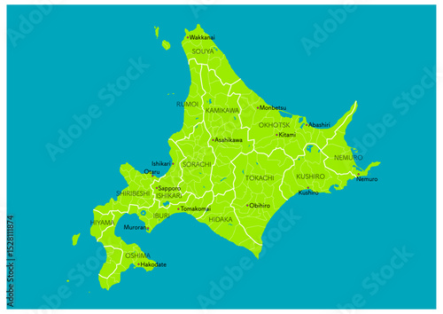 【英語】日本の都市、北海道の都市名や行政区分付きの背景付きの地図（市町村の地名や、行政区分の線付き）	