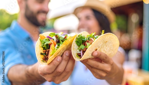 Couple sharing tacos outdoors.