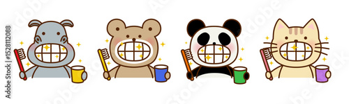 歯みがきをして歯が綺麗になったかわいい動物たちのイラストセット