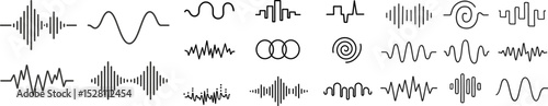 Vector illustration of various audio waveforms and sound signal icons in black. Includes linear, abstract, bar, and sinusoidal styles for music, voice, and tech-related designs.