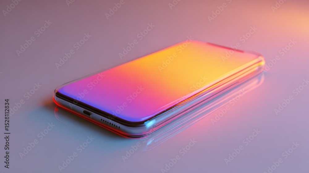 Modern Smartphone with Vibrant Gradient Screen Display on Reflective Surface Modern Smartphone with Vibrant Gradient Screen Display on Reflective Surface
