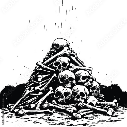 Pile of Skulls and Bones in Black and White Illustration