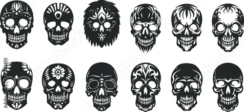 Collection of Twelve Decorative Black and White Skull Illustrations for Day of the Dead