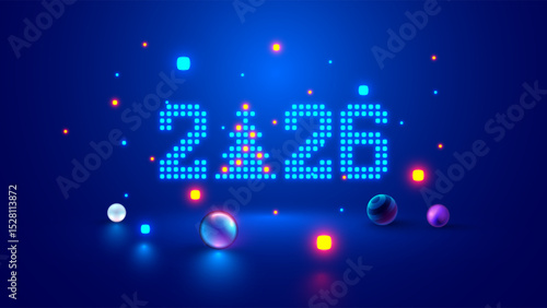 2026 digits, Christmas tree consist glowing pixels in technology style on blue background. New Year card or digital tech calendar poster. Logo of 2026 year hanging over reflection polished surface.