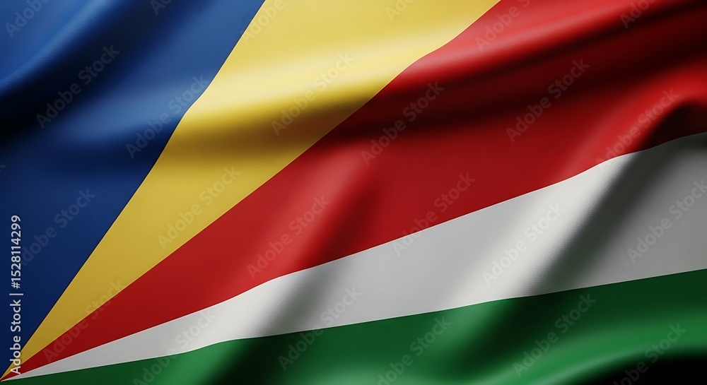 Fototapeta premium Waving flag of Seychelles, featuring blue, yellow, red, white, and green colors in a dynamic, rippling pattern.