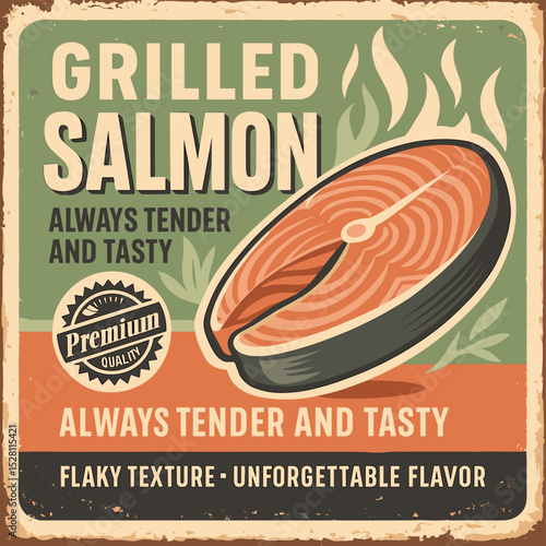 Vintage Grilled Salmon Poster - Barbecued Fish Steak Advertisement for Bistro or Restaurant on Old Paper Texture