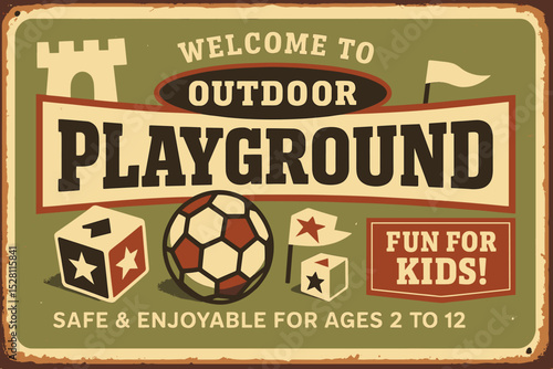 Vintage Children’s Playground Poster with Soccer Ball and Castle Graphics