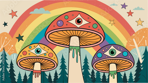 Colorful psychedelic mushrooms under a vibrant rainbow sky  