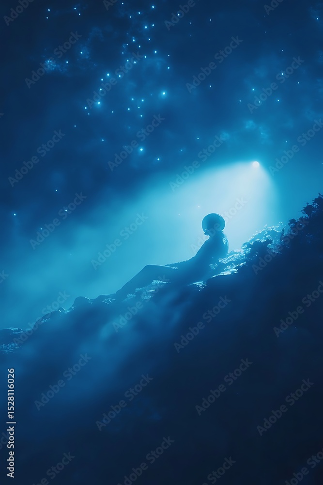 Fototapeta premium Silhouetted Astronaut Amidst Cosmic Fog and Stars
