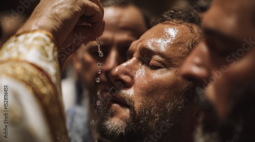 Closeup of a priest sprinkling holy water over a group of worshippers, their eyes closed in deep reverence as they participate in a baptism ritual.