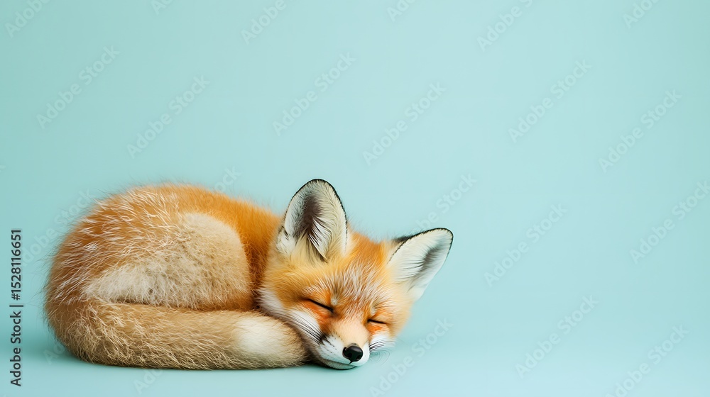 Fototapeta premium Sleepy red fox curled up on a soft blue background in peaceful slumber