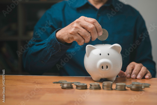 Savings concept, man hand is putting coins into piggy bank finance and investment, saving for retirement fund.