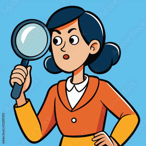 A woman holding a magnifying glass, looking intently, symbolizing research, investigation, and meticulous discovery.