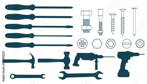 Collection of Hand Tools and Fasteners for DIY Projects and Construction Work