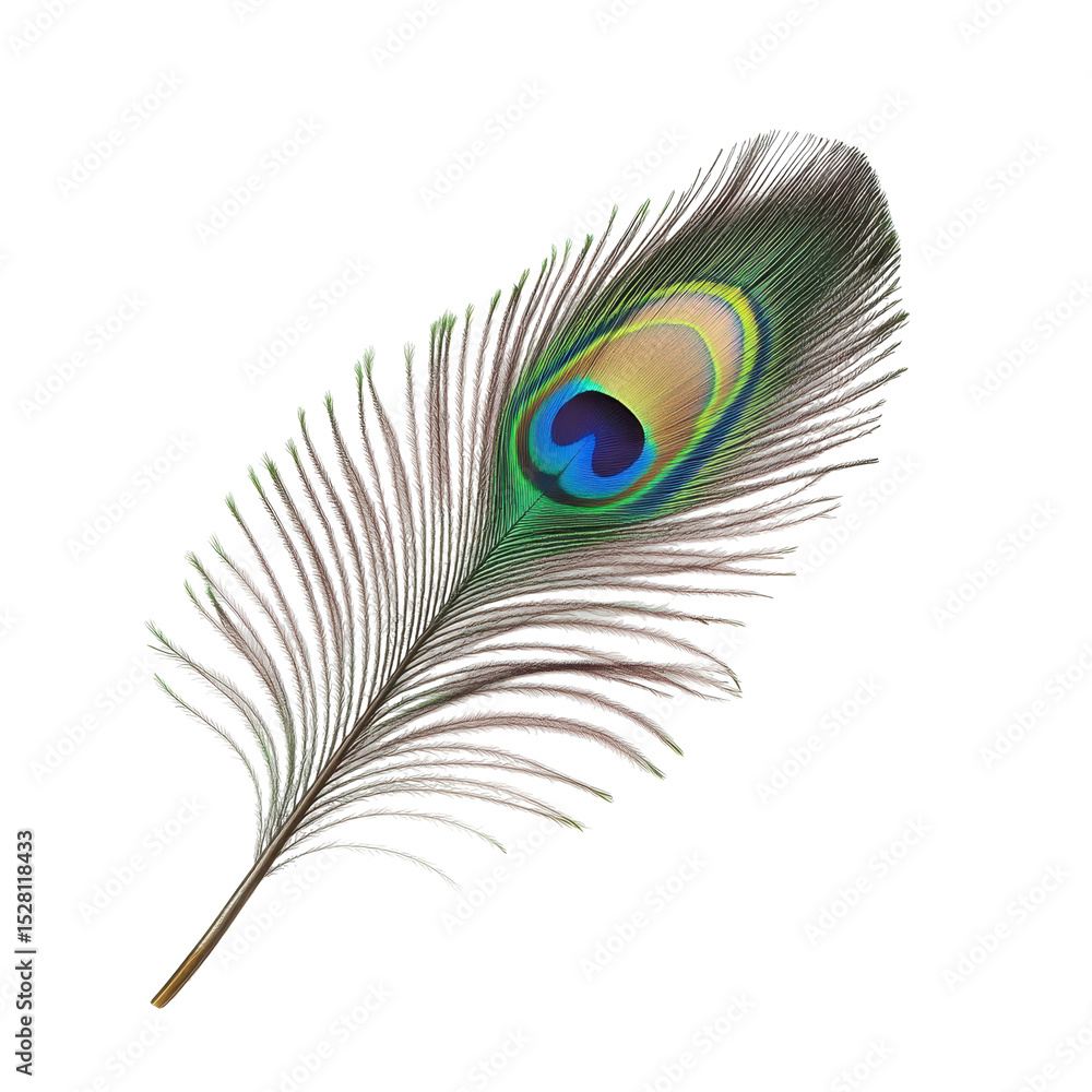 Obraz premium Colorful peacock feather resting gracefully on a white background showcasing its iridescent hues and delicate structure