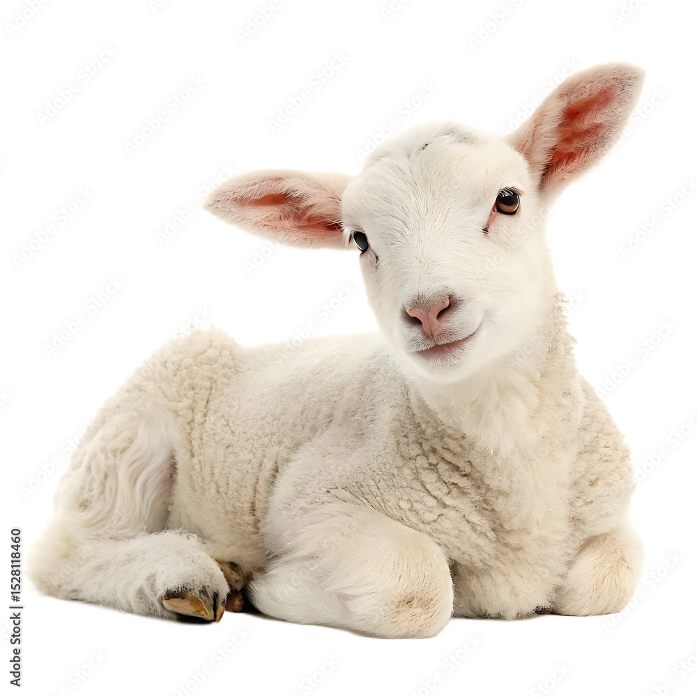 Fototapeta premium Sweet little farm animal lamb lying down isolated on a transparent background