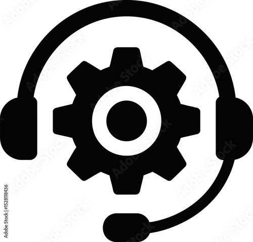 Black icon showing a headset with microphone and a gear in the center