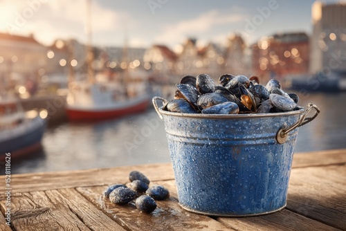 Freshly harvested mussels in a bucket on a wooden pier with boats and harbor, ready to be cooked, offering a taste of the sea and coastal lifestyle experience.