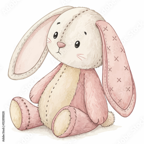 A plush bunny toy with a gentle and charming expression sitting and representing childhood innocence against a white background with copy space.