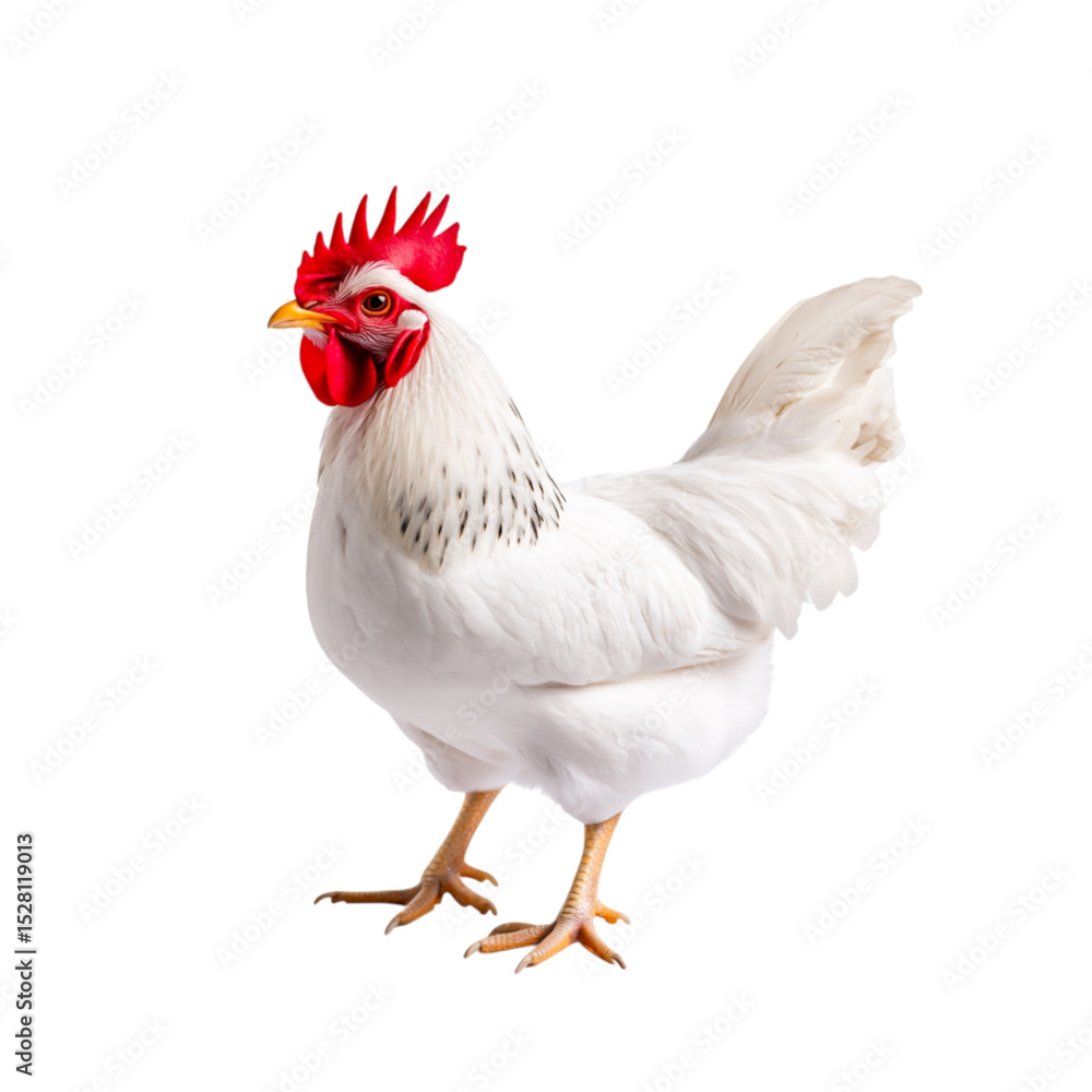 Fototapeta premium Majestic White Chicken with Vibrant Comb and Unique Feathers on a White Background
