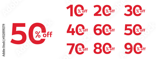 Set of number 10%, 20%, 30%, 40% 50% 60% 70%  percent discount tags Vector Isloated.