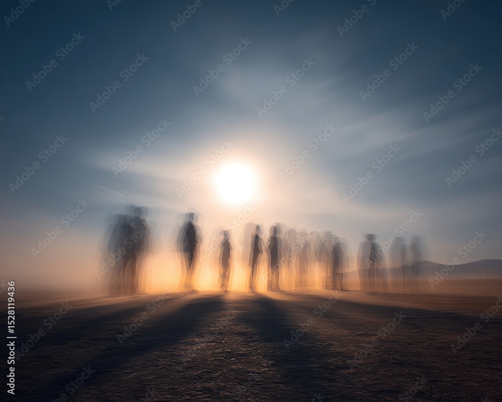 Obraz premium Ancestral Spirit Gathering during full moon in a desert, spiritual silhouettes performing ancient ritual, taken using long exposure with pro tripod setup