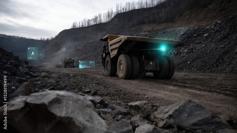 Fototapeta premium An autonomous haul truck navigating through rocky terrain with augmented reality tools providing critical data visualization for optimal route planning and safety.