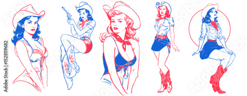 A set of vintage retro pin up style woman wearing western cowboy costume. line art illustration style