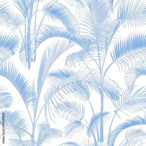 Seamless pattern with blue palm tree branches isolated on a white background. Desert and tropical houseplants. 
