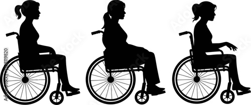 Three silhouette images of women sitting in wheelchairs on a white background