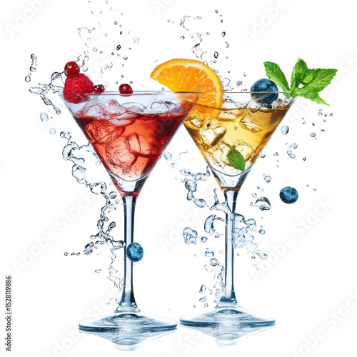 Colorful cocktails with fresh fruits and ice splashes on a white background during summer