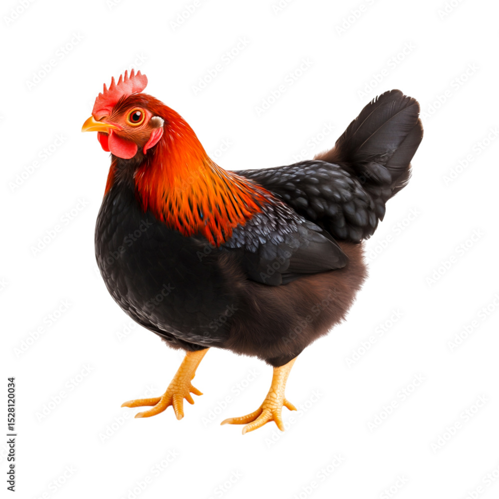 Fototapeta premium Colorful Chicken Standing on White Background with Detailed Feathers and Bright Eyes