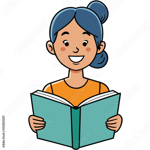 A woman reading a physical book with a gentle smile, symbolizing knowledge, relaxation, and quiet enjoyment.