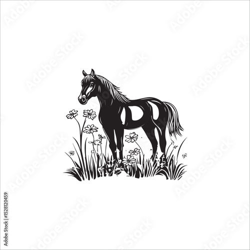a gentle beautiful horse on a flowering meadow