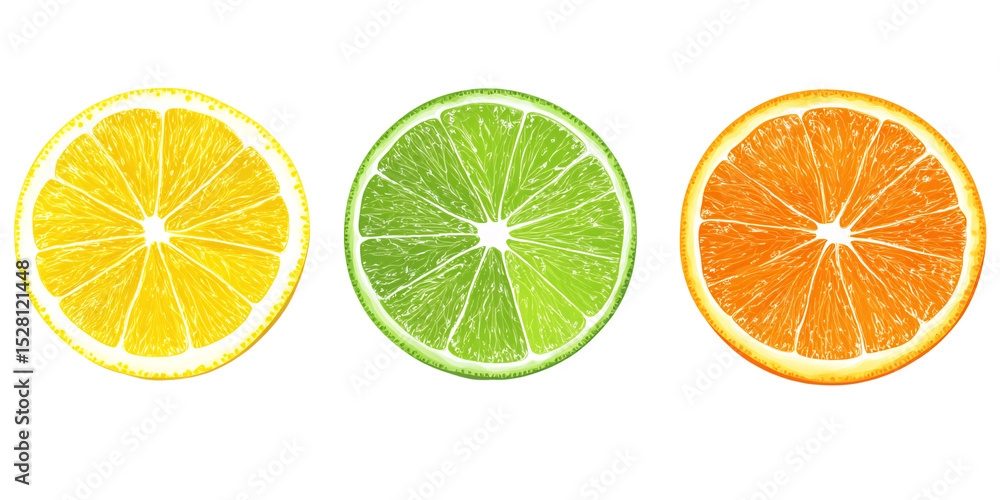 Fototapeta premium Vibrant citrus fruit slices: Lemon, Lime, and Orange on a black background Fresh and juicy citrus fruits concept for healthy eating and refreshing summer drinks