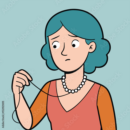 A woman untangling a delicate necklace, with a slight brow furrow, on a clean white background, a moment of concentration.