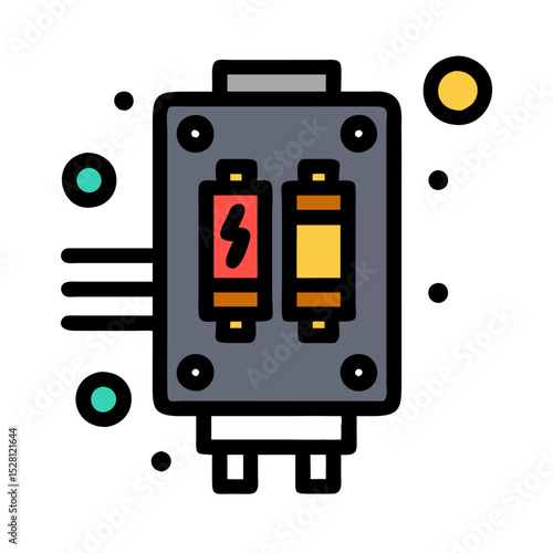 Cartoon illustration of a double circuit breaker box with batteries