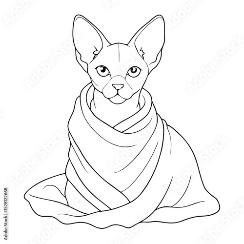 Sphynx cat wrapped in a blanket sitting calmly on the floor  