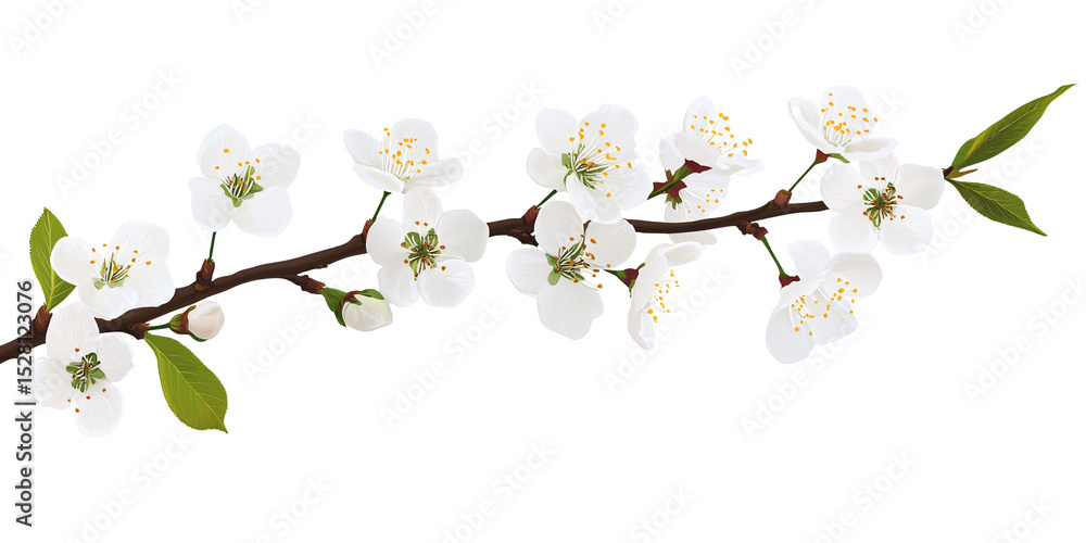 Obraz premium Delicate plum blossom branch with white flowers and green leaves against a black background Concept of spring, floral beauty, and botanical illustration