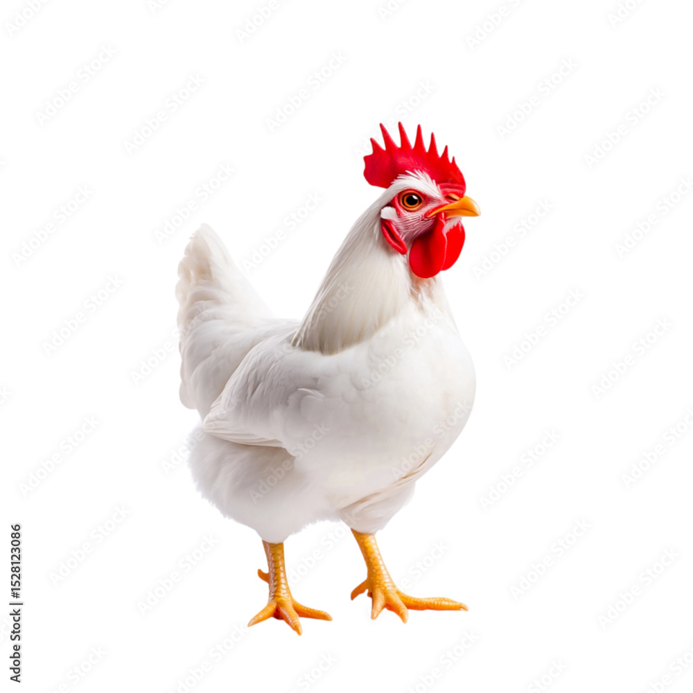 Fototapeta premium Realistic White Chicken with Bright Red Comb and Beak Standing on Isolated Background