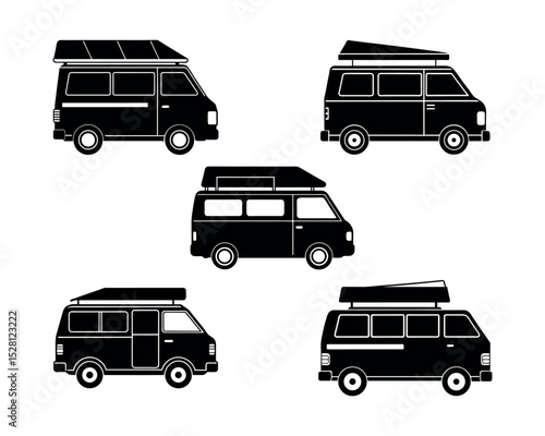 Camper Van with Roof Tent Icon Set – Black Silhouette Vector