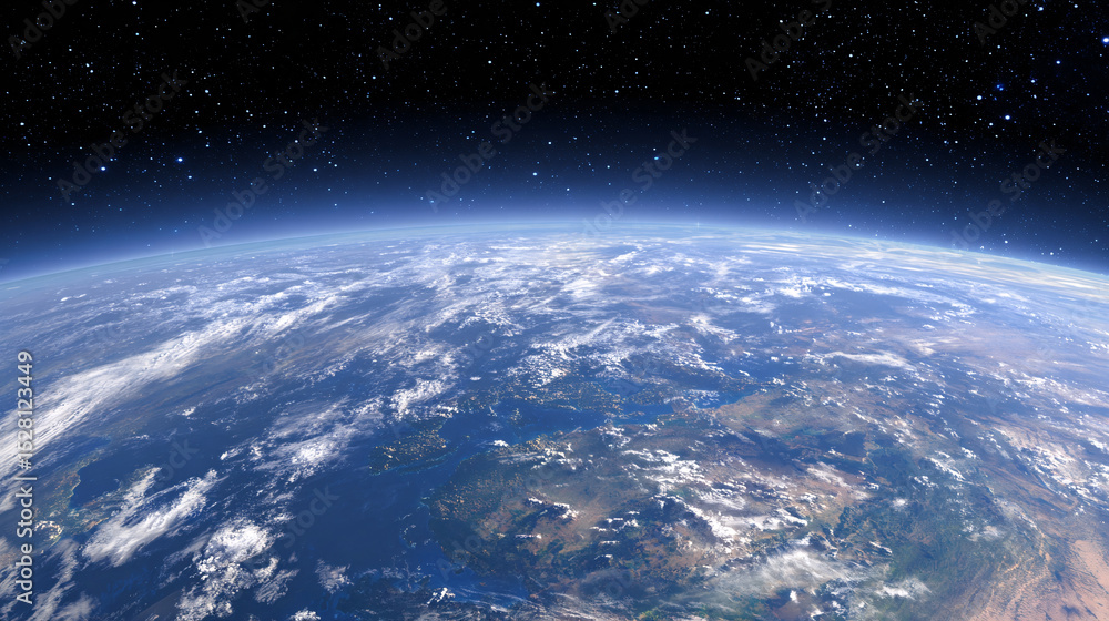 Fototapeta premium Earth From Space View with Clouds and Stars, Showing the Horizon and Atmosphere Concept of Exploration, Science, and Environment