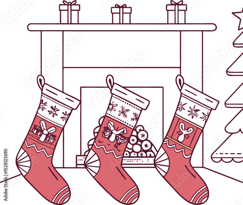 Festive Christmas Stockings Hanging by the Fireplace with Gifts and Tree