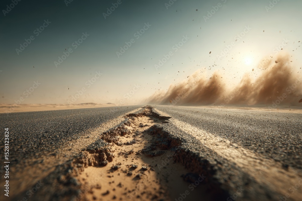 Fototapeta premium An intense dust storm engulfs a cracked desert road, creating a dramatic and desolate scene with the sun shining through, emphasizing the power and desolation.