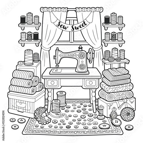 Sewing Room Vintage Sewing Machine Threads Buttons Fabric
