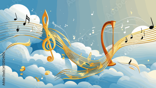 Musical notes flowing with a harp in a dreamy sky background