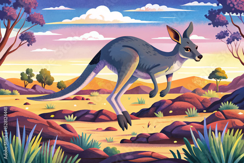 Vector illustration of a kangaroo leaping across the red Australian outback ideal for wildlife concepts, travel themes, and desert nature designs
