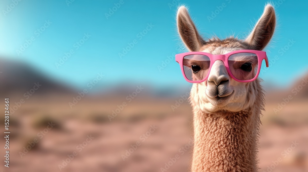 Naklejka premium A whimsical llama sporting bright pink glasses, standing against a picturesque background, captures a playful and carefree spirit in a fun and humorous manner.